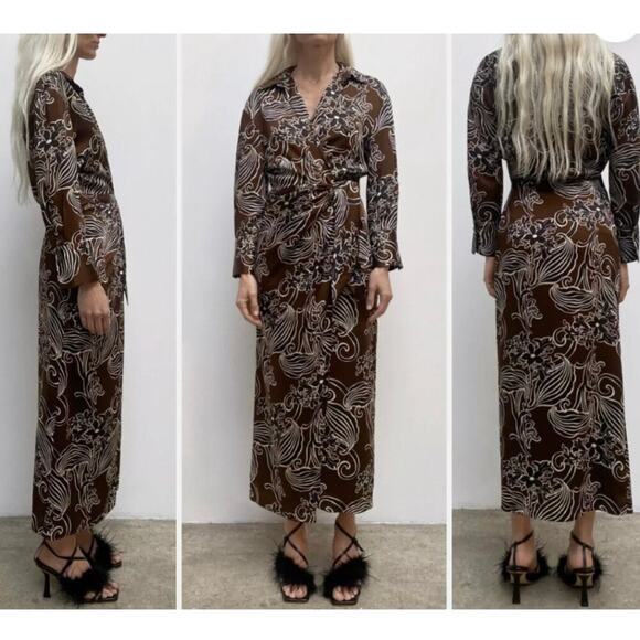 Zara Printed Wrap Midi Dress Size XS Brown Floral Satin Long Sleeve 9445/853/700 - Picture 14 of 14